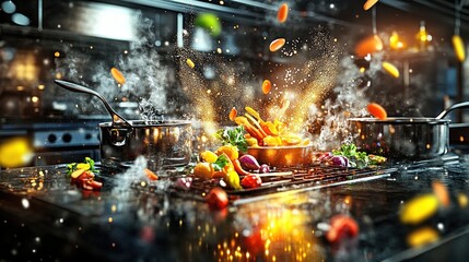 Fototapeta premium A vibrant kitchen scene with vegetables and steam creating a dynamic cooking atmosphere.