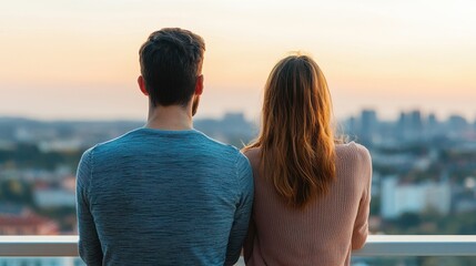 Fototapeta premium Couple sharing a quiet moment on balcony at sunset urban lifestyle emotional connection serene view