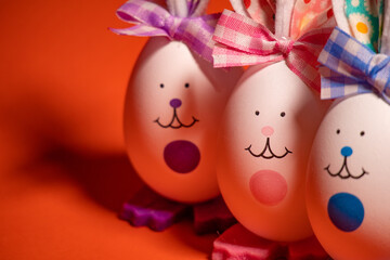 Easter eggs. funny hares. toy rabbit. toy egg. statuette easter bunny.