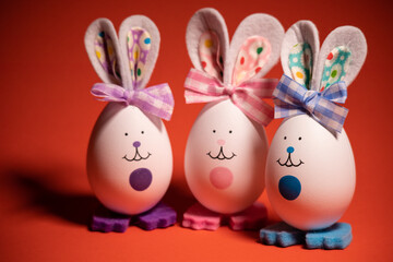 Easter eggs. funny hares. toy rabbit. toy egg. statuette easter bunny.