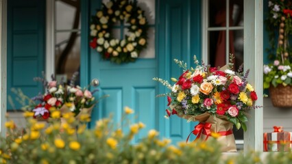 Fototapeta premium Colorful Floral Arrangements and Wreath on a Blue Door, Perfect for Home Decor and Gift Ideas