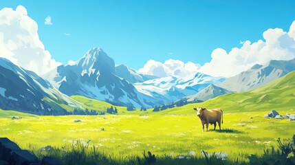 A lone cow amidst a vibrant green meadow, with towering mountains and a cloudless blue sky creating a serene rural panorama