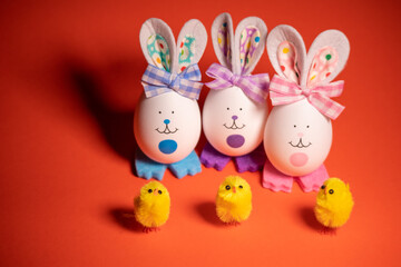 Easter eggs. funny hares. toy rabbit. toy egg. statuette easter bunny.