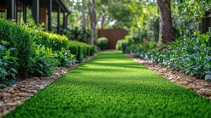  Lush green artificial turf pathway in a landscaped garden.