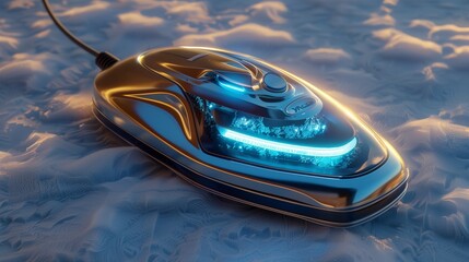 Obraz premium A vibrant electric iron with a shiny blue and silver finish, isolated on a soft surface, its design captured in sharp detail.