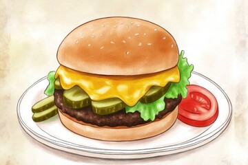 A delicious cheeseburger with lettuce, pickles, and tomato on a plate.