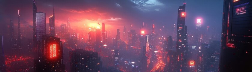 Fototapeta premium A symbolic futuristic cityscape where glowing payment icons connect global economies, dramatic cinematic hues