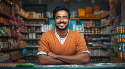 young indian man sitting at small grocery shop