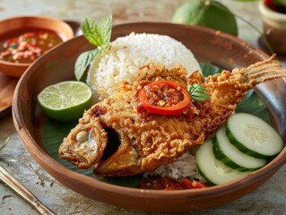 Crispy Fried Fish with Rice and Cucumber