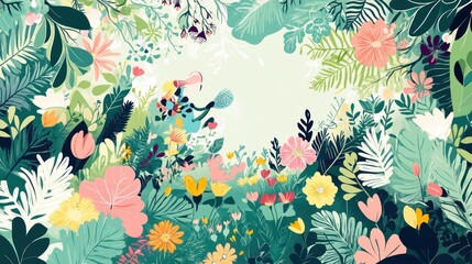 A vibrant illustration of a lush garden filled with colorful flowers and greenery.