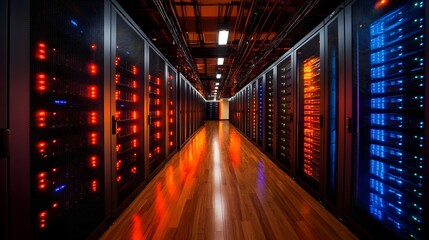 A long hallway with many computer servers