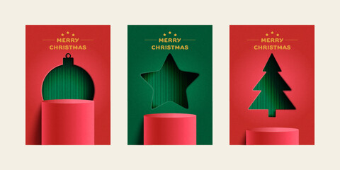 Set of Merry Christmas greeting card. Trendy minimalist design with Red Podium on Star, Christmas Ball and Christmas Tree. Paper art Vector Illustration. Template for poster, banner, holiday cover.