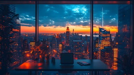A city skyline is visible through a window with a laptop on a desk