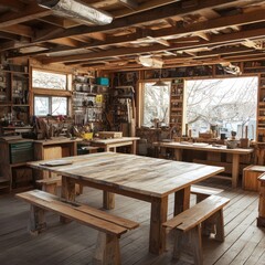 A rustic workshop filled with tools, wooden furniture, and natural light.