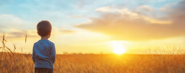Child's silhouette against sunset in open field capturing human emotion and lifestyle nature's beauty