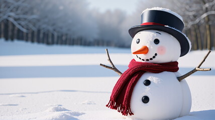Snowman with hat, standing outdoors, welcoming Christmas and New Year's Day. AI generated.