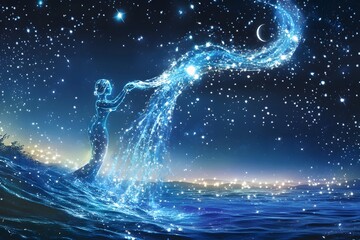 Aquarius depicted as an illuminated water-bearer under a starry night sky, pouring shimmering water that connects to the constellation above