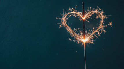 glowing heart shaped sparkler illuminates dark night with warm, festive light