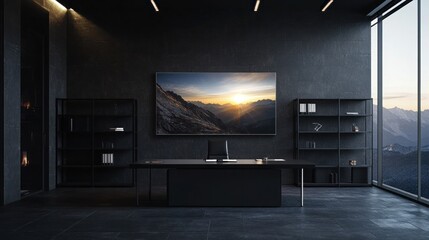 A chic, modern office with dark slate walls, adorned with large, high-contrast photographic prints and minimalist black shelving. The room features strategic lighting 