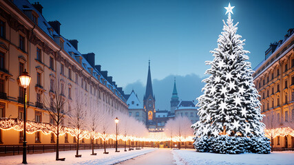 Fototapeta premium A beautifully lit Christmas tree in a snowy town. AI generated.