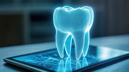 digital dental care, dental technology, tooth holograms, contemporary healthcare, and health technology picture of a genuine white tooth floating over a tablet on a gray background that is glowing 