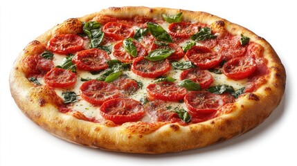 Delicious tomato and basil pizza with mozzarella cheese on a white background.
