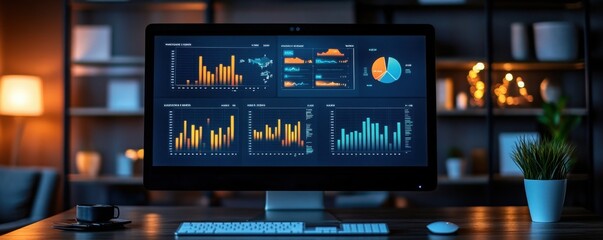 Modern Data Visualization Dashboard on Computer Screen at Night