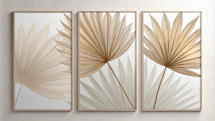 Set of Three Minimalist Botanical Panels with Subtle Palmetto Leaf Overlays
