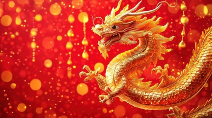 Fototapeta premium Golden dragon depicted with intricate scales and claws on a luminous red and gold backdrop.