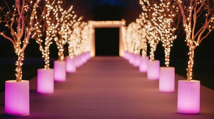 Festive and twinkling lights create a captivating romantic ambience along the aisle for a dreamy wedding proposal  The enchanting scene sets the stage for an intimate