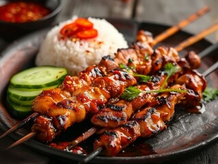 Delicious Grilled Chicken Skewers with Rice and Cucumber