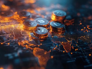 A symbolic image of coins and assets transitioning into global trade networks, glowing softly under warm tones