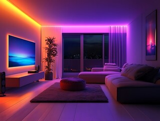 cozy home cinema scene featuring a modern living room illuminated by colorful led lights, creating a warm and inviting atmosphere for a smart home experience, Generative Ai