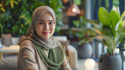 A smiling woman in a hijab holds a smartphone and shopping bags, embodying the joy of a successful shopping trip in a lively market setting.