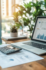 Modern Workspace with Financial Analysis on Laptop and Calculator on Desk
