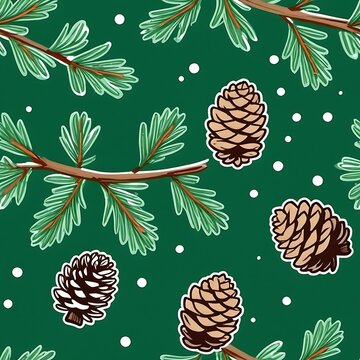 Winter Pine Cone Pattern: A seamless pattern featuring pine branches, pine cones, and snowflakes on a deep green background, perfect for wintery designs. 