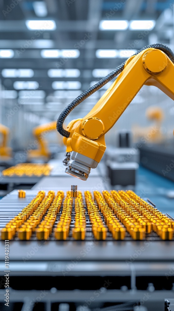 Poster A robotic arm assembling components using advanced ceramics in an automated factory, with focus on precision and efficiency