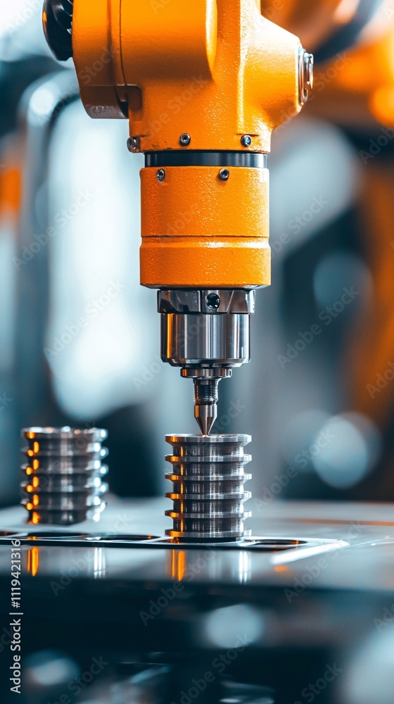 Poster a robotic arm assembling components using advanced ceramics in an automated factory, with focus on p