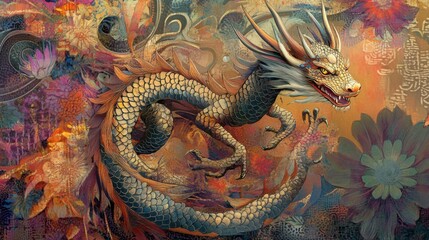 Obraz premium Golden dragon in flight with intricate scales on a vibrant background radiating prosperity.