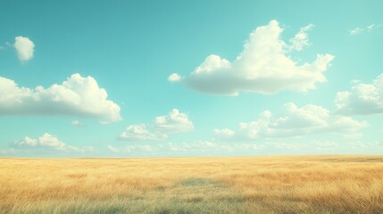 Obraz premium Serene landscape of golden wheat field under a bright blue sky with fluffy clouds.