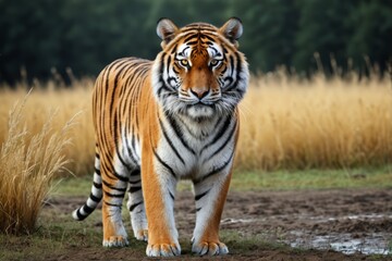 Obraz premium there is a tiger walking in the grass near a field