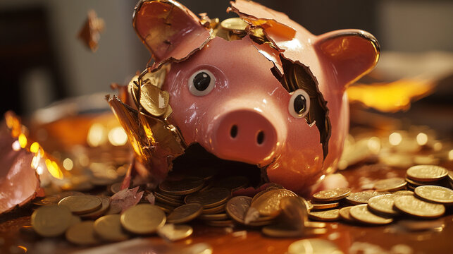 Broken piggy bank with coins scattered around, symbolizing financial struggle and the need for careful budgeting and saving.