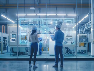 Two Engineers Working with Interactive Hologram in a Factory