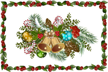Christmas illustration with a frame of berries.Colored vector illustration with bells, berries, Christmas balls in a Christmas composition.