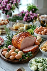 A beautiful Easter brunch with ham, deviled eggs, and hot cross buns. The family is enjoying the meal
