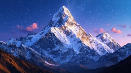 Majestic snow-capped mountain peak under a starry night sky.