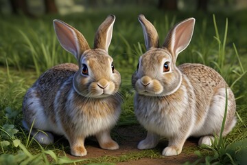 Fototapeta premium two rabbits are sitting in the grass near each other