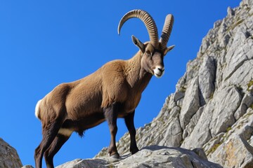 there is a goat standing on a rock with a mountain in the background