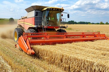 Fototapeta premium Aerial perspective of a combine harvester harvesting grain during summer.
