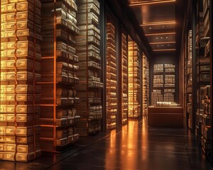 Obraz premium Stacks of cash and wealth documents secured in a modern vault glowing softly, dramatic lighting
